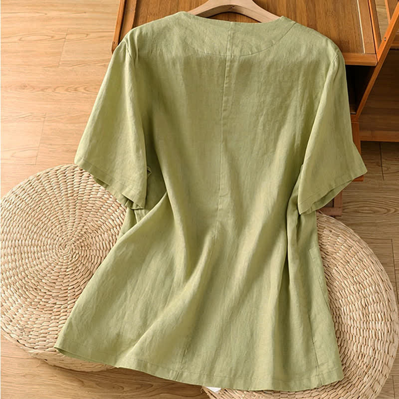 Buddha Stones Zomerse casual Overhemden met knoopsluiting, effen V-hals, Korte mouw en Zakken - image 1