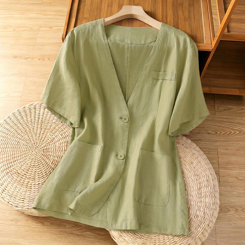 Buddha Stones Zomerse casual Overhemden met knoopsluiting, effen V-hals, Korte mouw en Zakken - Lichtgroen - US8-10，UK/AU12-14，EU40-42 (2XL) - image 0
