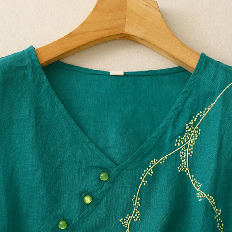 Buddha Stones Zomerse vintage damesblouse met effen borduursels en decoratieve knopen, Korte mouw Overhemden - image 1
