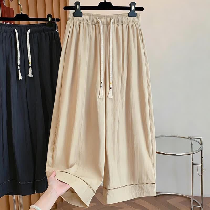 Buddha Stones Casual damesbroek met trekkoord, effen kleur , Cropped en wijde pijpen, met Zakken, voor lente/zomer. - Khaki - US12, UK/AU16, EU44 (2XL) - image 0