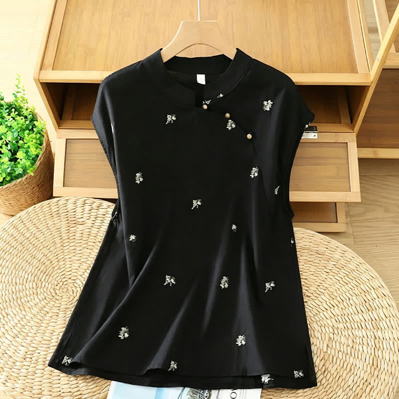 Buddha Stones Zomerse vintage Tang-stijl tanktop met Mandarin kraag en geborduurde kleine bloemenprint, Mouwloos Overhemden - Zwart - US12, UK/AU16, EU44 (2XL) - image 0