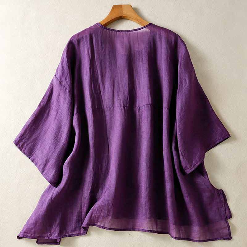 Buddha Stones Zomer Casual Boho Opgezette Zak Halve Knoop Effen Klokmouw Dames Overhemden met Korte mouw Mouwen - image 1