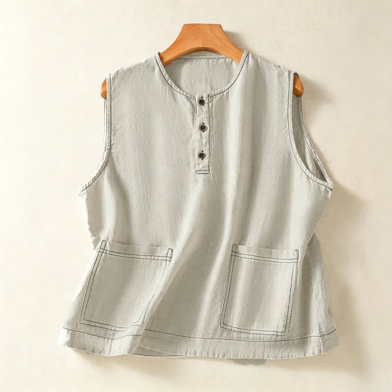 Buddha Stones Zomerse, casual, minimalistische, effen , Mouwloos Overhemden met knoopsluiting en opgestikte zak - Beige - US12, UK/AU16, EU44 (2XL) - image 0
