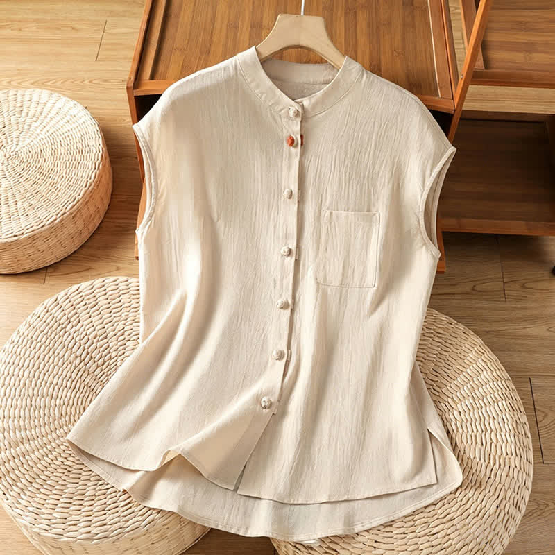 Buddha Stones Zomerse Tang-stijl casual Mandarin kraag en knoopsluiting, effen kleur en Mouwloos Overhemden . - Beige - US12, UK/AU16, EU44 (2XL) - image 0