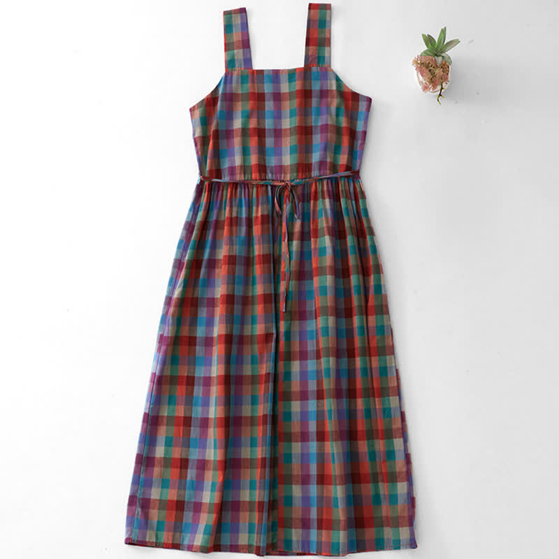 Buddha Stones Zomerse casual vintage jurk met trekkoord en regenboogruitjespatroon, Mouwloos voor dames - image 1