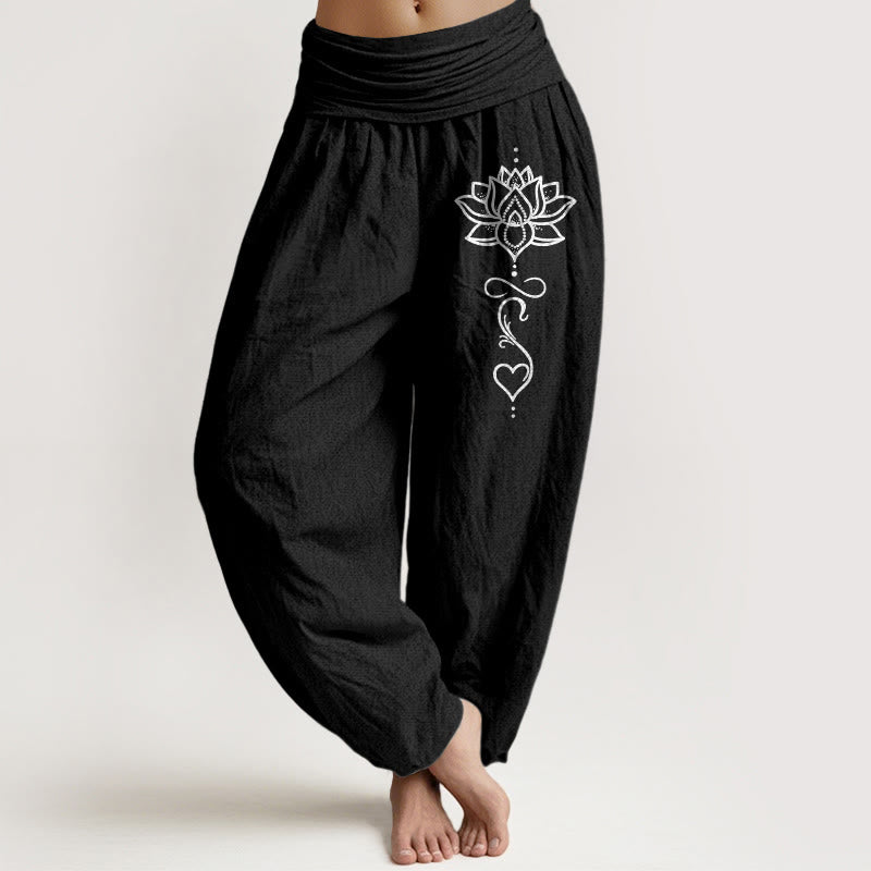 Buddha Stones Harembroek voor dames met elastische Taille en lotushartpatroon van 100% Cotton - Zwart - US16, UK/AU20, EU48 (3XL) - image 0
