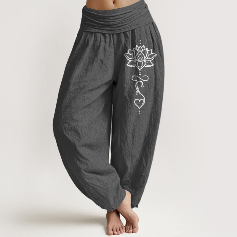 Buddha Stones Harembroek voor dames met elastische Taille en lotushartpatroon van 100% Cotton - Donkergrijs - US16, UK/AU20, EU48 (3XL) - image 8