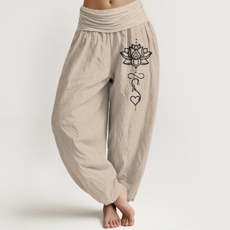 Buddha Stones Harembroek voor dames met elastische Taille en lotushartpatroon van 100% Cotton - Bruinen - US16, UK/AU20, EU48 (3XL) - image 11