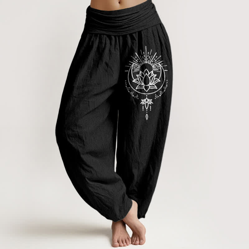 Buddha Stones Harembroek voor dames met elastische Taille en lotusprint van 100% Cotton - Zwart - US16, UK/AU20, EU48 (3XL) - image 5