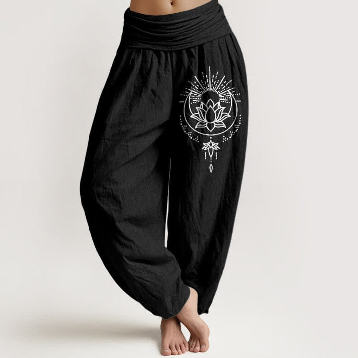 Buddha Stones Harembroek voor dames met elastische Taille en lotusprint van 100% Cotton - Zwart - US16, UK/AU20, EU48 (3XL) - image 5