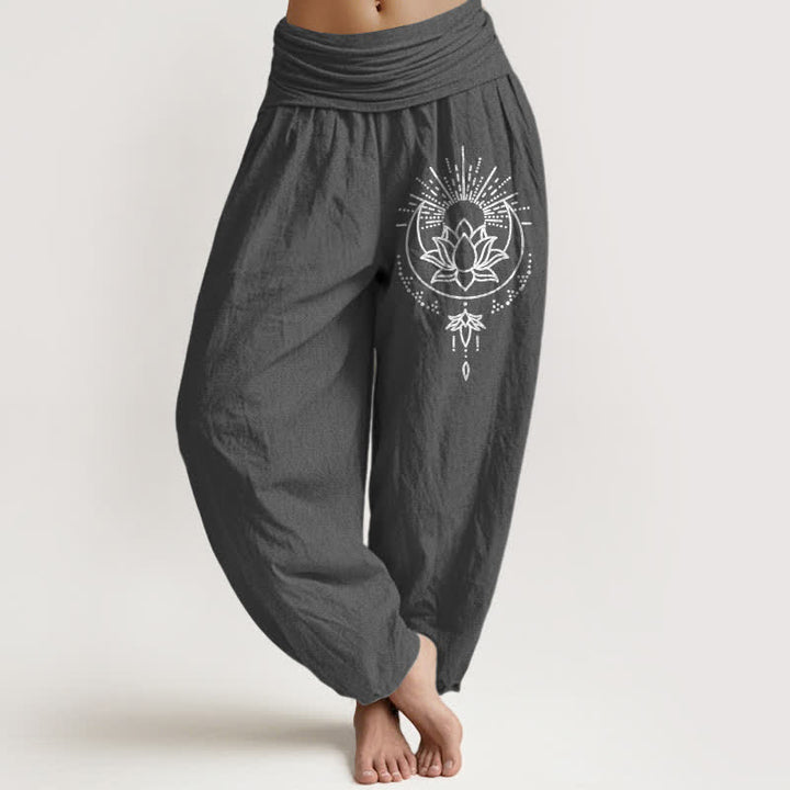 Buddha Stones Harembroek voor dames met elastische Taille en lotusprint van 100% Cotton - Donkergrijs - US16, UK/AU20, EU48 (3XL) - image 11