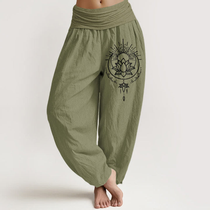 Buddha Stones Harembroek voor dames met elastische Taille en lotusprint van 100% Cotton - Olijfgroen - US16, UK/AU20, EU48 (3XL) - image 14