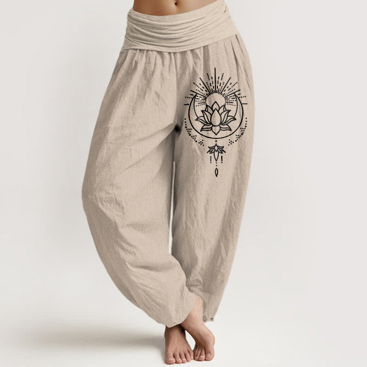 Buddha Stones Harembroek voor dames met elastische Taille en lotusprint van 100% Cotton - Bruinen - US16, UK/AU20, EU48 (3XL) - image 0
