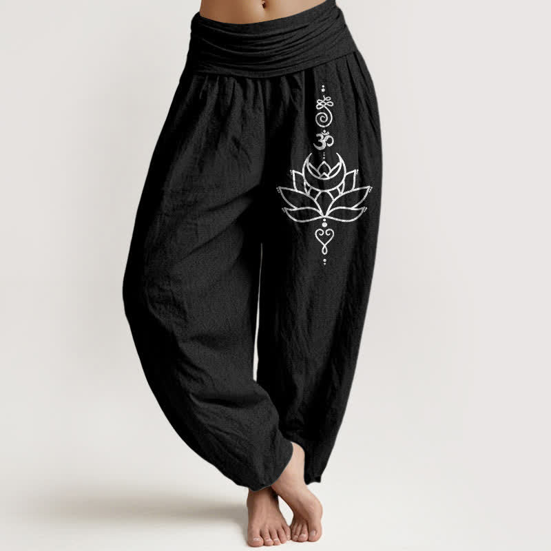 Buddha Stones Harembroek voor dames met elastische Taille en lotusbloemmotief , 100% Cotton. - Zwart - US16, UK/AU20, EU48 (3XL) - image 5