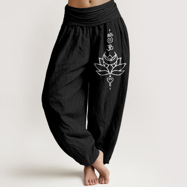Buddha Stones Harembroek voor dames met elastische Taille en lotusbloemmotief , 100% Cotton. - Zwart - US16, UK/AU20, EU48 (3XL) - image 5