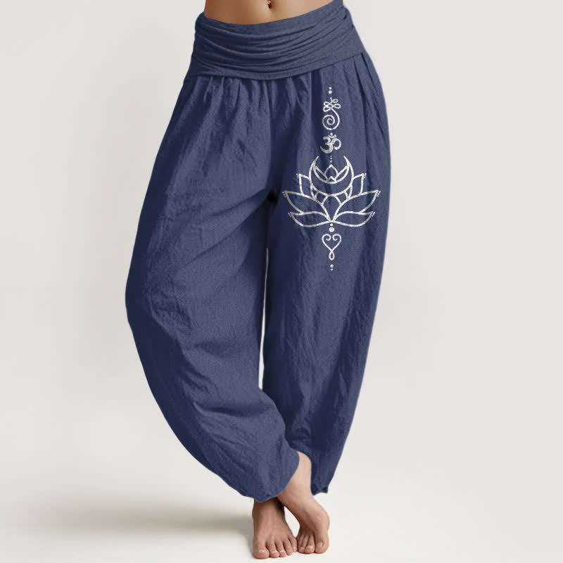 Buddha Stones Harembroek voor dames met elastische Taille en lotusbloemmotief , 100% Cotton. - Donker leisteenblauw - US16, UK/AU20, EU48 (3XL) - image 0