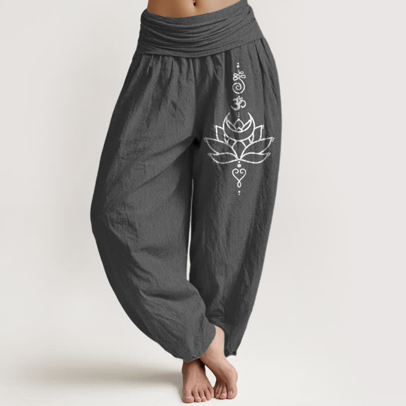 Buddha Stones Harembroek voor dames met elastische Taille en lotusbloemmotief , 100% Cotton. - Donkergrijs - US16, UK/AU20, EU48 (3XL) - image 8