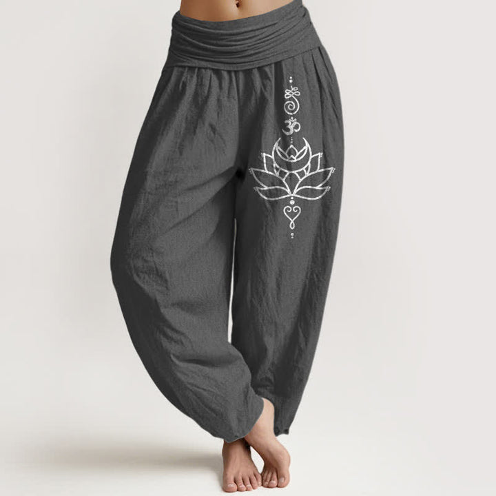Buddha Stones Harembroek voor dames met elastische Taille en lotusbloemmotief , 100% Cotton. - Donkergrijs - US16, UK/AU20, EU48 (3XL) - image 8