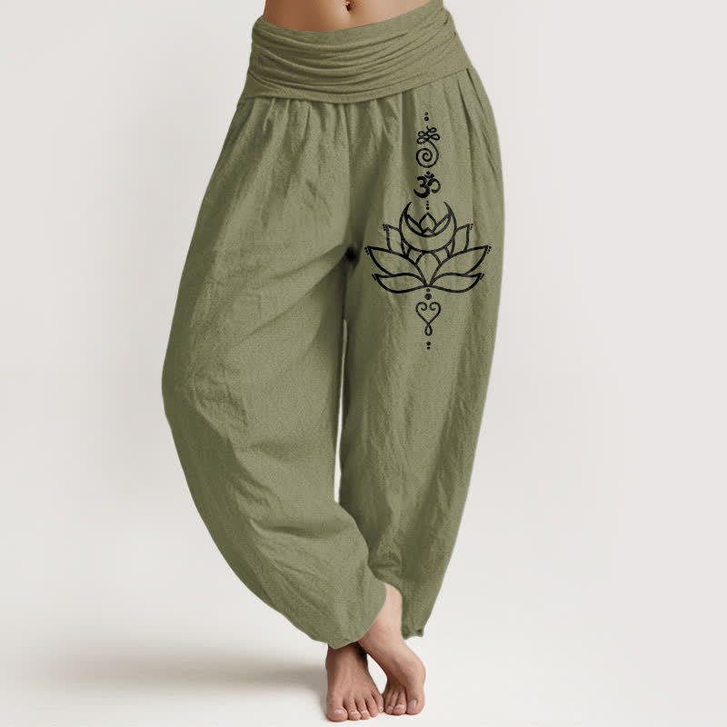 Buddha Stones Harembroek voor dames met elastische Taille en lotusbloemmotief , 100% Cotton. - Olijfgroen - US16, UK/AU20, EU48 (3XL) - image 14