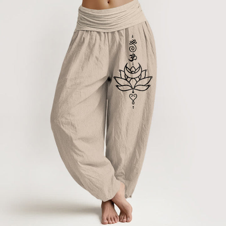 Buddha Stones Harembroek voor dames met elastische Taille en lotusbloemmotief , 100% Cotton. - Bruinen - US16, UK/AU20, EU48 (3XL) - image 11