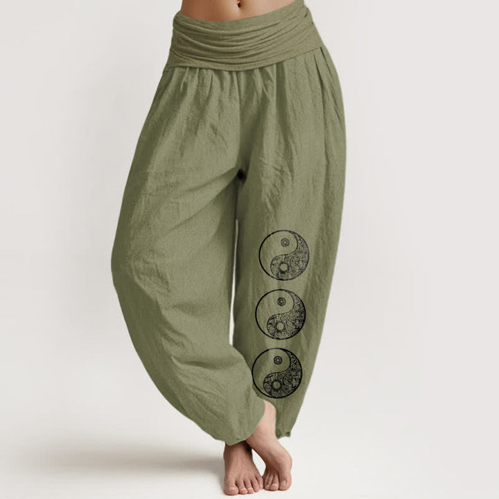 Buddha Stones Harembroek voor dames met elastische Taille en yin-yangpatroon van 100% Cotton - Olijfgroen - US16, UK/AU20, EU48 (3XL) - image 14