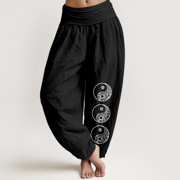 Buddha Stones Harembroek voor dames met elastische Taille en yin-yangpatroon van 100% Cotton - Zwart - US16, UK/AU20, EU48 (3XL) - image 0