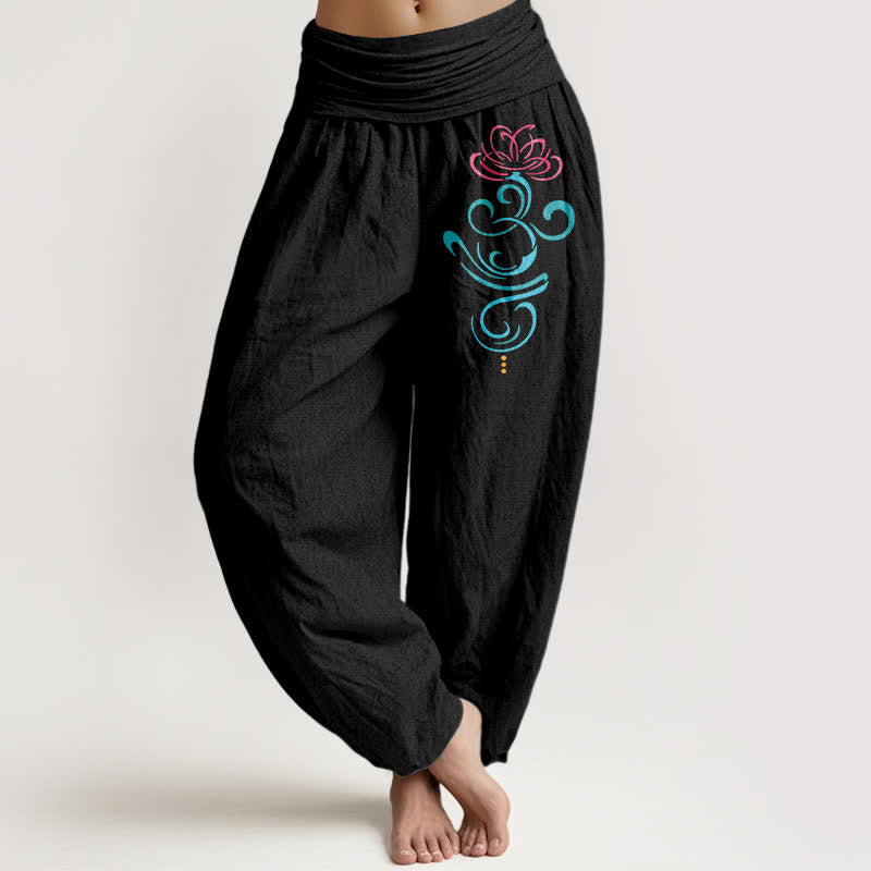 Buddha Stones Harembroek voor dames met elastische Taille , 100% Cotton in dieproze en lotusblauw met een wervelend patroon. - Zwart - US16, UK/AU20, EU48 (3XL) - image 0