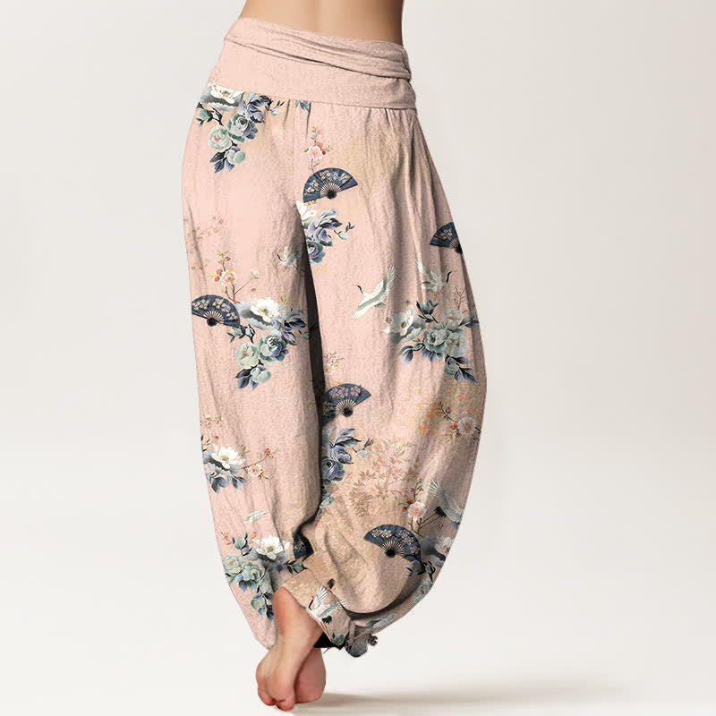 Buddha Stones Dames Waaier met elastische Taille en kraanvogel- en waaierprint - image 1