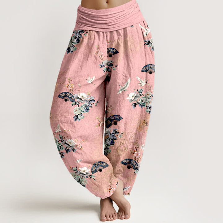 Buddha Stones Dames Waaier met elastische Taille en kraanvogel- en waaierprint - Roze - US16, UK/AU20, EU48 (3XL) - image 5