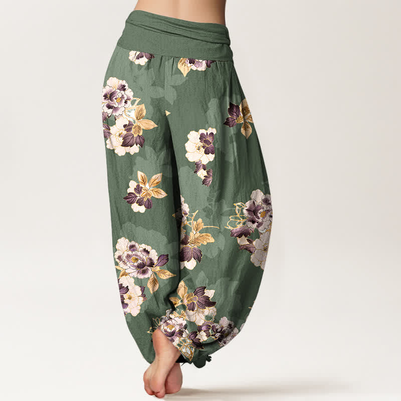 Buddha Stones Harembroek voor dames met elastische Taille , 100% Cotton , vintage bloemenprint - image 1