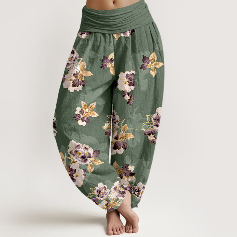 Buddha Stones Harembroek voor dames met elastische Taille , 100% Cotton , vintage bloemenprint - Olijfgroen - US16, UK/AU20, EU48 (3XL) - image 0