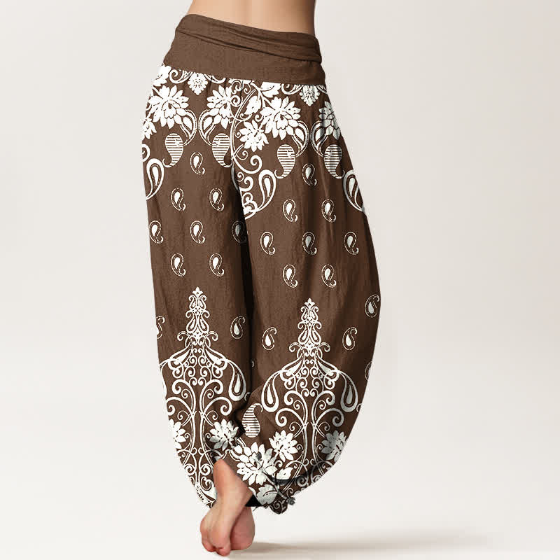 Buddha Stones Witte damesharembroek van 100% Cotton met paisley-bloemenpatroon en elastische Taille - image 1