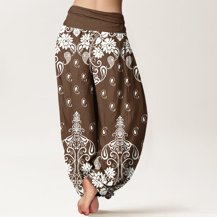 Buddha Stones Witte damesharembroek van 100% Cotton met paisley-bloemenpatroon en elastische Taille - image 1