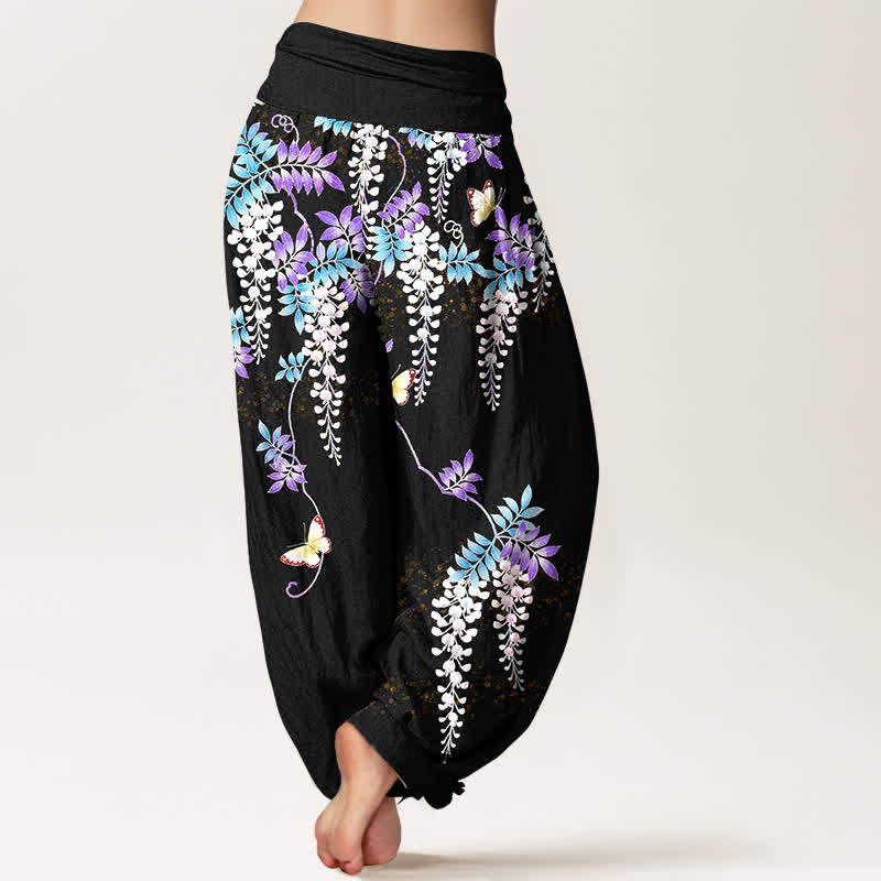 Buddha Stones Harembroek voor dames met elastische Taille en blauweregen- en vlinderpatroon van 100% Cotton - image 1
