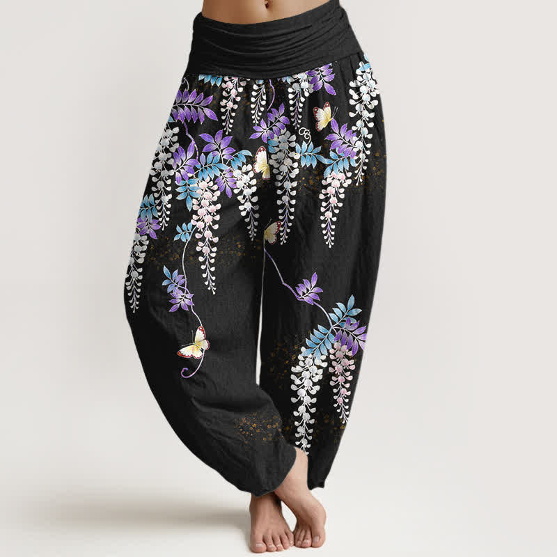 Buddha Stones Harembroek voor dames met elastische Taille en blauweregen- en vlinderpatroon van 100% Cotton - Zwart - US16, UK/AU20, EU48 (3XL) - image 0