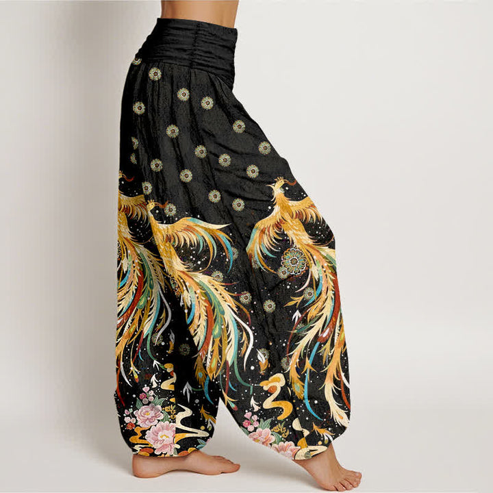Buddha Stones Dames harembroek met elastische Taille en katoenen gouden feniksprint - image 2