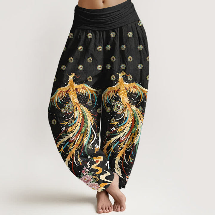 Buddha Stones Dames harembroek met elastische Taille en katoenen gouden feniksprint - Zwart - US16, UK/AU20, EU48 (3XL) - image 0