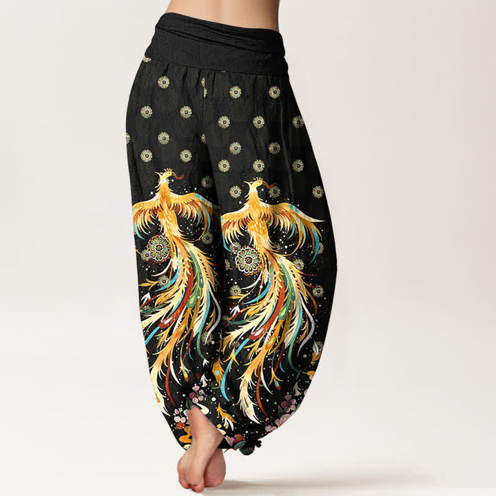 Buddha Stones Dames harembroek met elastische Taille en katoenen gouden feniksprint - image 1