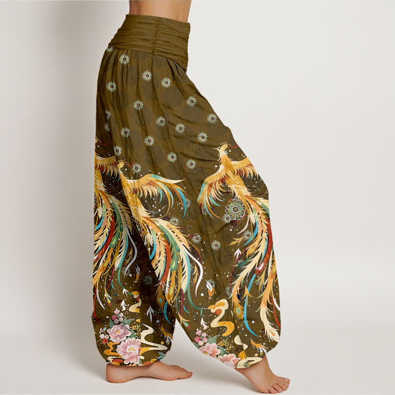 Buddha Stones Dames harembroek met elastische Taille en katoenen gouden feniksprint - image 7