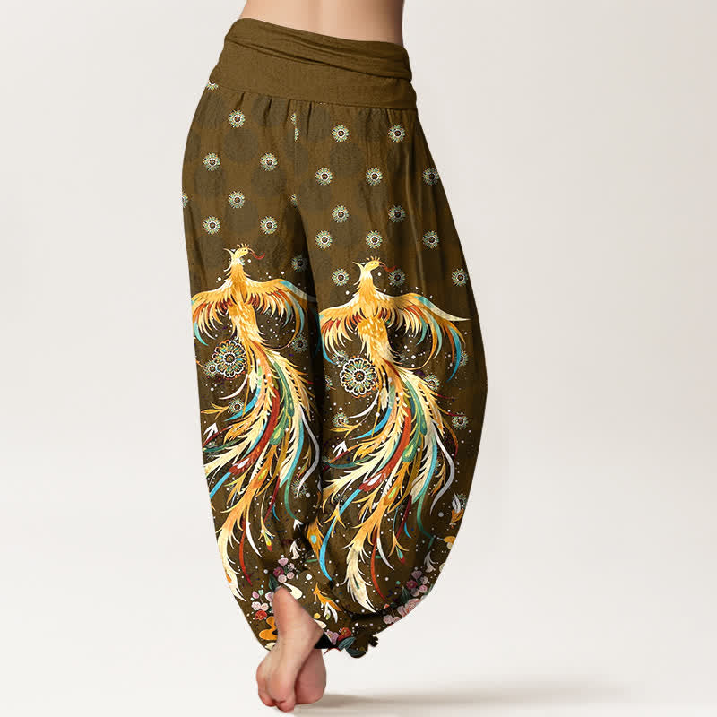 Buddha Stones Dames harembroek met elastische Taille en katoenen gouden feniksprint - image 6