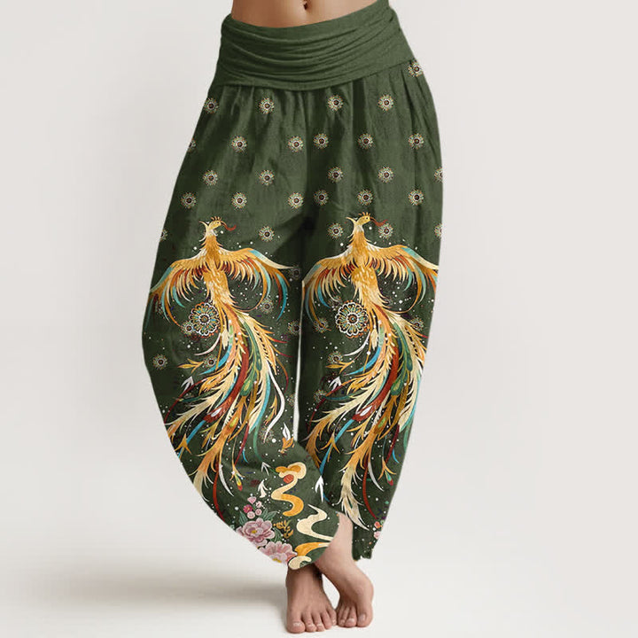 Buddha Stones Dames harembroek met elastische Taille en katoenen gouden feniksprint - Olijfgroen - US16, UK/AU20, EU48 (3XL) - image 8