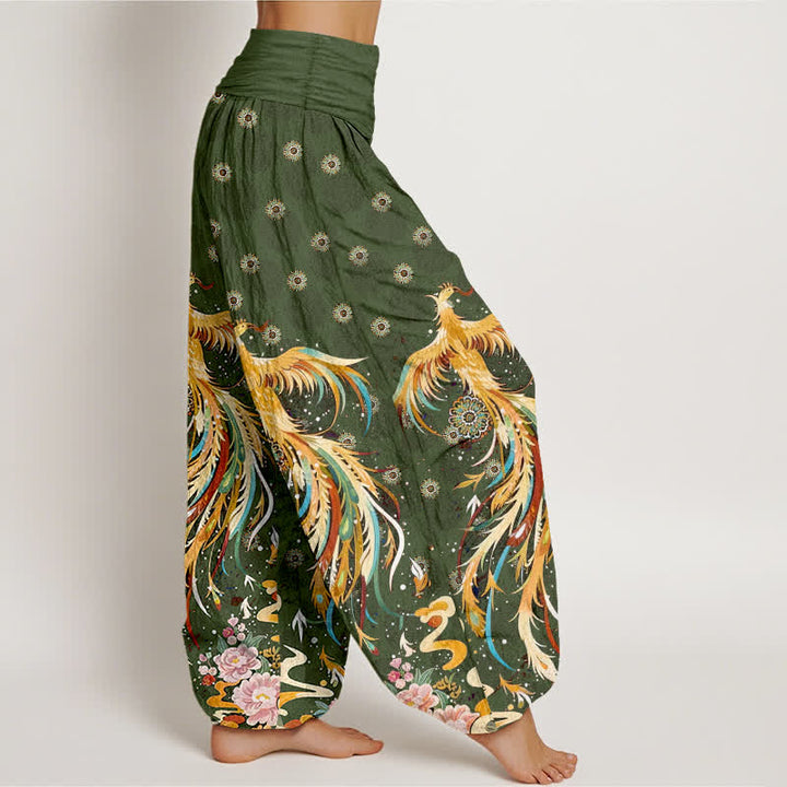 Buddha Stones Dames harembroek met elastische Taille en katoenen gouden feniksprint - image 10