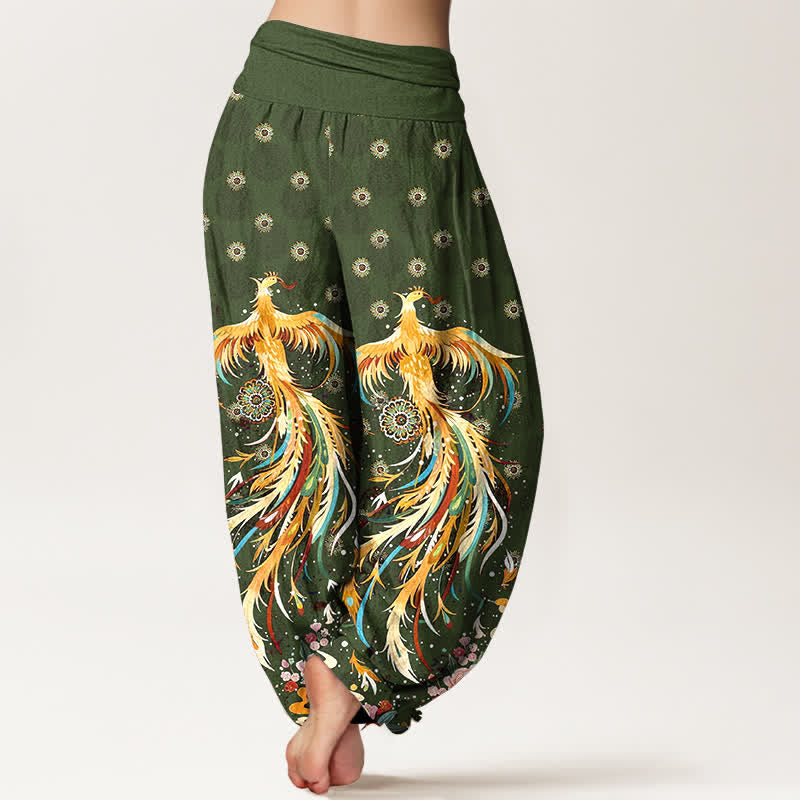 Buddha Stones Dames harembroek met elastische Taille en katoenen gouden feniksprint - image 9