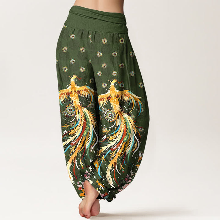 Buddha Stones Dames harembroek met elastische Taille en katoenen gouden feniksprint - image 9