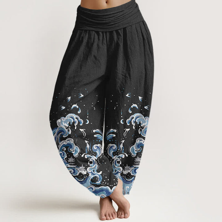 Buddha Stones Dames harembroek met elastische Taille en oceaanblauwe golfprint van katoen - Zwart - US16, UK/AU20, EU48 (3XL) - image 0