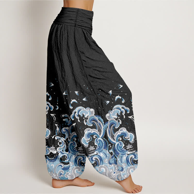 Buddha Stones Dames harembroek met elastische Taille en oceaanblauwe golfprint van katoen - image 2