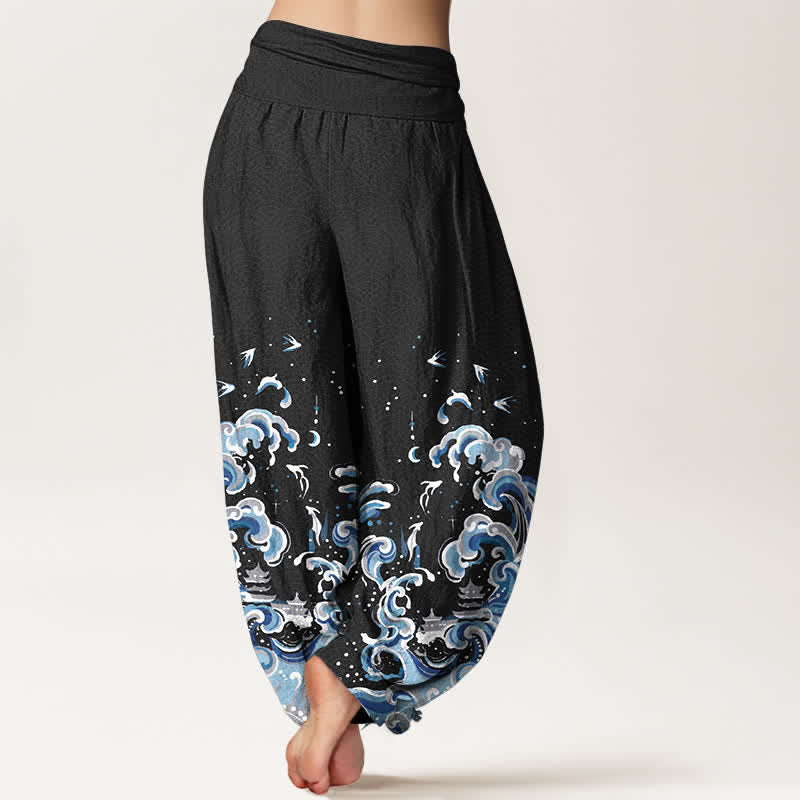Buddha Stones Dames harembroek met elastische Taille en oceaanblauwe golfprint van katoen - image 1