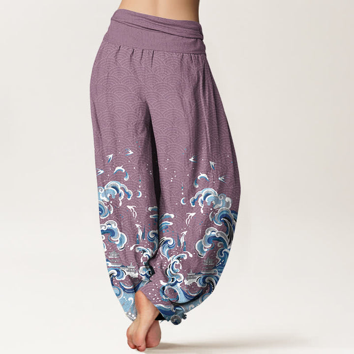 Buddha Stones Dames harembroek met elastische Taille en oceaanblauwe golfprint van katoen - image 6