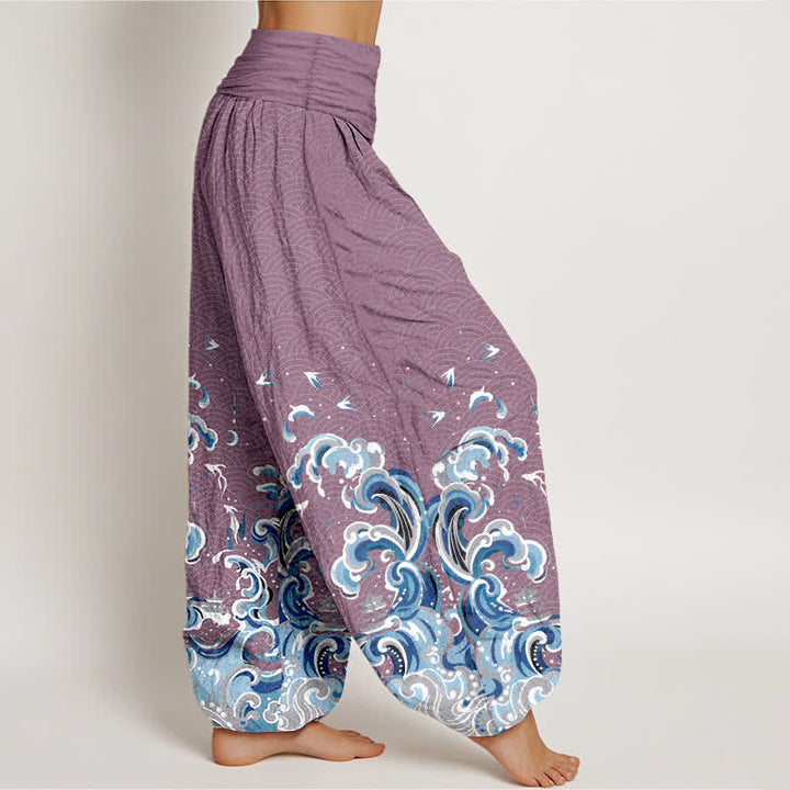 Buddha Stones Dames harembroek met elastische Taille en oceaanblauwe golfprint van katoen - image 7
