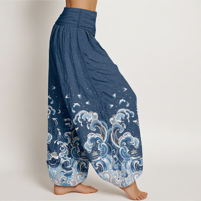 Buddha Stones Dames harembroek met elastische Taille en oceaanblauwe golfprint van katoen - image 10